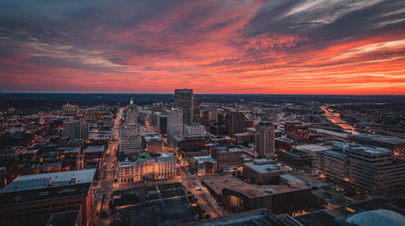A breathtaking view of an urban skyline during sunset, showcasing vibrant colors filled with hues of orange, pink, and purple while city lights illuminate the landscape.の素材