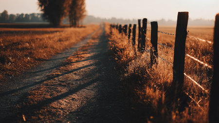 A picturesque country road lined with a wooden fence stretches into the distance during golden hour, capturing a tranquil scene filled with warm sunlight and long shadows.の素材