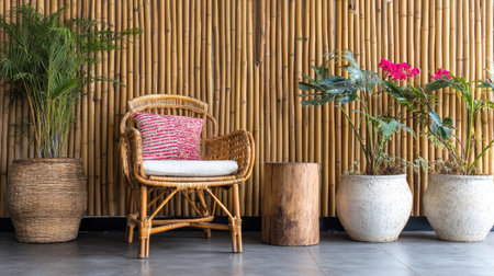 A cozy indoor seating area featuring a rattan chair against a bamboo wall, adorned with vibrant plants and charming decorative accents, creating a serene atmosphere.の素材