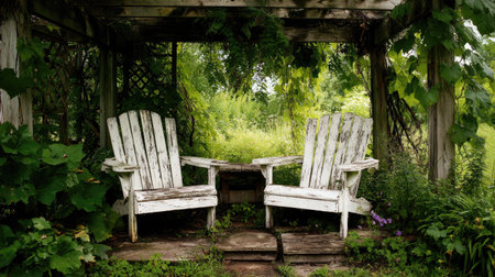 Experience a tranquil garden scene featuring two white weathered chairs nestled under a lush canopy of greenery, perfect for relaxation or contemplation.の素材