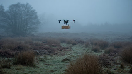 A drone hovers gracefully over a misty landscape, carrying a package amidst lush grass and trees, highlighting modern delivery solutions in serene environments.の素材