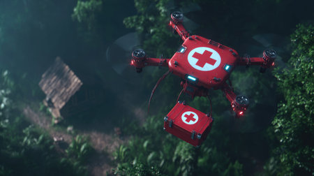 A vibrant scene showing a red medical drone flying over a dense forest, ready to deliver essential supplies to a remote cabin, highlighting technology in healthcare.の素材