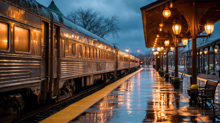 A captivating evening view of a rain-soaked train station featuring vintage train cars illuminated by warm streetlights. The scene exudes nostalgia and tranquility.の素材