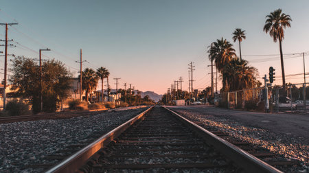 A captivating view of railroad tracks leading into the distance, framed by palm trees and a serene desert landscape, showcasing a stunning sunset backdrop and distant mountains.の素材