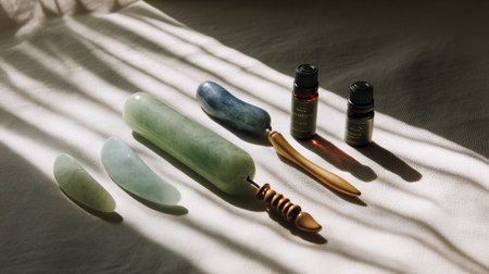 Explore a serene arrangement of natural beauty tools and essential oils. Perfect for self-care, relaxation, and enhancing wellness rituals.の素材