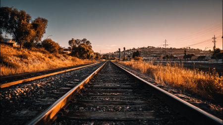 This captivating image captures a serene view of railroad tracks stretching into the distance at sunset, surrounded by nature's beauty. The warm tones of the evening light illuminate the landscape, creating a peaceful and tranquil atmosphere perfect for travel and exploration themes.の素材