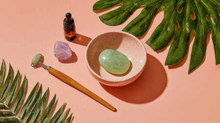 Discover an elegant arrangement of natural skincare tools, featuring a jade roller, crystals, and essential oil on a pink backdrop with green leaves.の素材