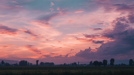 Majestic dusk landscape showcasing a vibrant sky filled with pink and purple hues, contrasted by silhouette trees and a peaceful rural setting.の素材