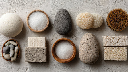 Explore a tranquil arrangement of natural spa elements showcasing diverse textures and shapes, perfect for promoting relaxation and wellness in minimalist dの素材
