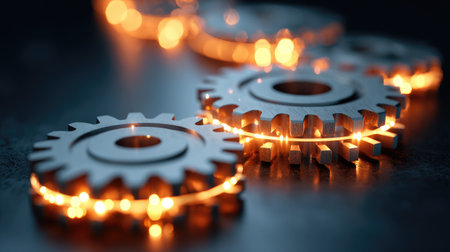 This image features glowing metal gears on a dark background, symbolizing innovation and technology. Perfect for representing mechanics and industrial design themes.の素材