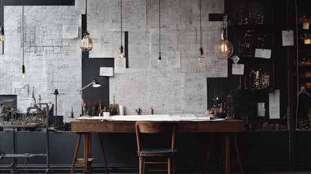 Captivating image of a design studio featuring a wooden desk, blueprint drawings on the wall, and artistic lighting creating a warm atmosphere.の素材