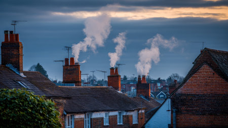 A serene view of rooftops showcasing smoke rising from chimneys against a beautiful evening sky, creating a cozy atmosphere in a peaceful neighborhood.の素材