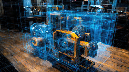 This captivating image features a detailed 3D render of a mechanical engine showcased within a workshop. The clear wireframe highlights the intricate design and engineering aspects.の素材