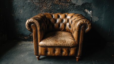 This elegant vintage Chesterfield armchair in rich brown leather offers a touch of sophistication and comfort. The warm texture contrasts beautifully with the dark grunge wall, making it an ideal centerpiece for stylish interiors.の素材