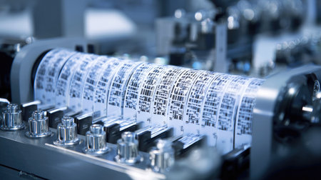 Detailed close-up image of a printer machine producing labels on rolls, showcasing the precision and technology involved in industrial printing processes.の素材