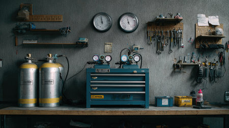 A well-organized industrial workshop featuring pressure gauges, diverse tools, and storage solutions, providing a functional environment for mechanical tasks.の素材