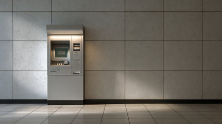 A modern ATM machine stands against a sleek concrete wall in a minimalist interior. Soft lighting highlights the machine's design, emphasizing convenience in urban finance.の素材