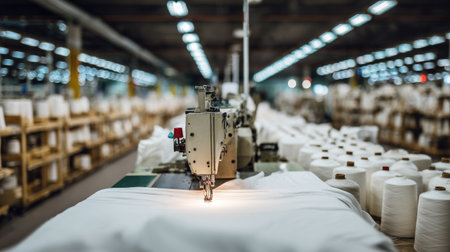A focused view of an industrial sewing machine in action, showcasing the intricacies of textile production. Surrounding spools of thread emphasize the busy atmosphere of the workspace.の素材
