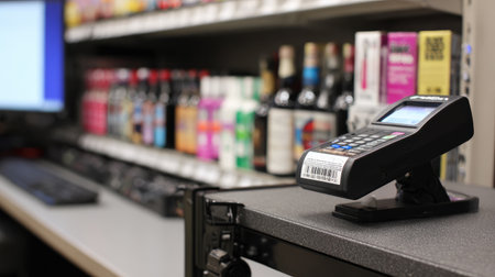 A checkout terminal sits on the counter at a retail store, ready for transactions while colorful drink bottles line the shelves in the background.の素材
