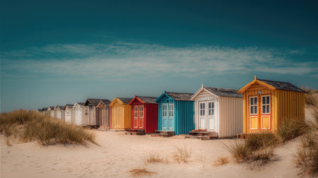 Vibrant beach huts create a picturesque view against a blue sky, showcasing a serene coastal lifestyle ideal for relaxation and summer getaways.の素材