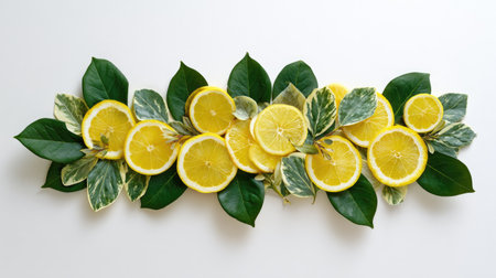 An artistic arrangement of fresh lemon slices surrounded by green leaves, creating a vibrant aesthetic. Perfect for food photography, culinary styling, and wellness themes.の素材