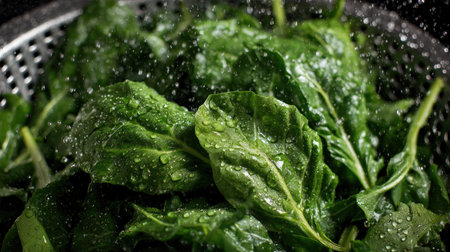 This image features freshly washed spinach leaves in a strainer, with sparkling water droplets. The lush green color represents freshness and health, ideal for culinary projects.の素材