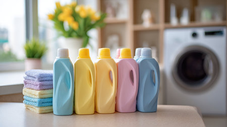 Brightly colored bottles of liquid detergent sit on a countertop next to soft cloths, creating a tidy space in a modern laundry room setting.の素材