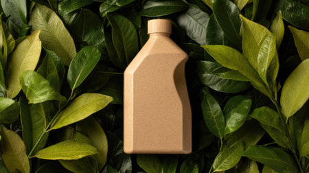 This image features an eco-friendly brown bottle elegantly placed atop lush green leaves, symbolizing sustainability and harmony with nature. Perfect for lifestyle themes.の素材
