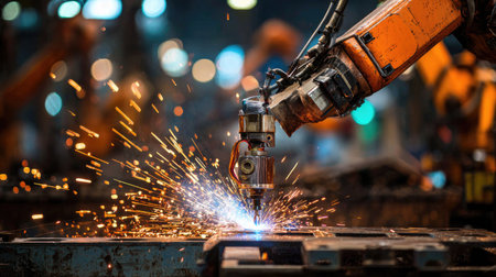 Dynamic scene of a robotic arm performing welding in an industrial setting, creating bright sparks in a bustling manufacturing environment.の素材