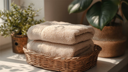 This serene image features soft beige towels elegantly stacked in a woven basket, set against a sunlit window with lush greenery, creating a tranquil home atmosphere.の素材
