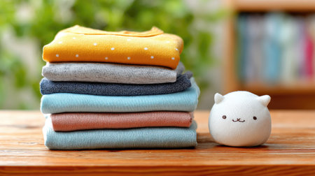 A charming scene featuring a neat stack of colorful fabrics alongside a cute cat figurine, bringing warmth and artistic flair to a cozy indoor space.の素材