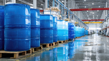 A modern industrial warehouse featuring neatly stacked blue drums on wooden pallets. The clean, reflective floor enhances the organized storage space, emphasizing efficiency.の素材