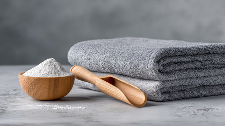 Soft grey towels neatly arranged next to a wooden scoop filled with natural bath salt, creating a tranquil setting perfect for spa or wellness themes.の素材