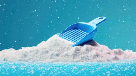 A blue plastic scoop rests on a fluffy mound of white powder, creating a visually appealing scene perfect for illustrating ingredients or festive themes.の素材