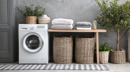 A modern laundry room featuring a white washing machine, a wooden table adorned with neatly stacked towels, and stylish woven baskets. The greenery adds a fresh touch.の素材