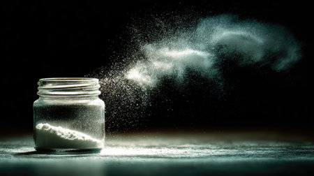 A mesmerizing close-up of fine powder escaping from an open jar, creating dramatic smoke effects against a dark backdrop, ideal for culinary or beauty themes.の素材