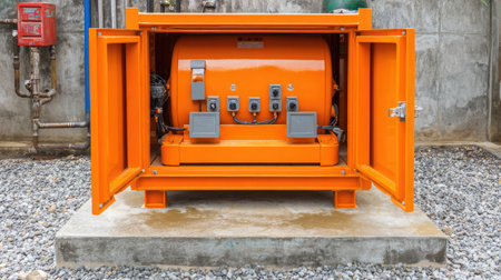 A vibrant orange generator unit with open doors sits in an industrial setting. The gravel base and concrete surrounding highlight its robust design and functionality.の素材