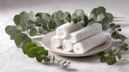 Neatly arranged white cotton towels on a light plate, complemented by lush eucalyptus leaves, embody a serene and spa-like atmosphere perfect for home decor.の素材