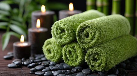 A stunning arrangement of soft green towels piled gracefully beside flickering candles and smooth stones, creating a serene spa atmosphere perfect for relaxation and well-being.の素材
