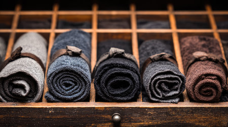 A beautiful arrangement of rolled socks in different colors and textures placed in a wooden organizer. The captivating display highlights style and organization, perfect for fashion enthusiasts.の素材