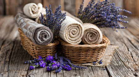 This tranquil image showcases rolled towels accompanied by fresh lavender in woven baskets, set against a rustic wooden surface, perfect for spa and home decor.の素材