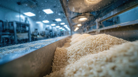 This image captures a detailed view of rice processing machinery in an industrial environment, showing grains flowing on a conveyor belt in a food production facility.の素材