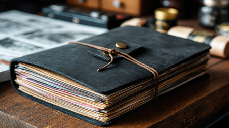 This image showcases a vintage leather notebook with colorful papers, resting on a wooden table in a cozy workspace, perfect for inspiration and creativity.の素材