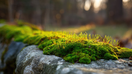 This stunning photo captures vibrant green moss thriving on a stone wall, illuminated by soft evening light, creating a serene natural atmosphere.の素材