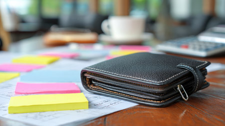 A stylish leather wallet rests on a wooden desk, accompanied by colorful sticky notes that add a vibrant touch to a modern office environment.の素材