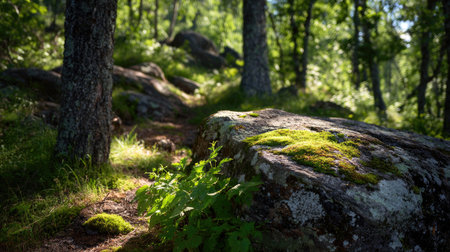 A serene forest path featuring a large stone covered in vibrant green moss. Sunlight filters through trees, creating a peaceful and inviting atmosphere.の素材