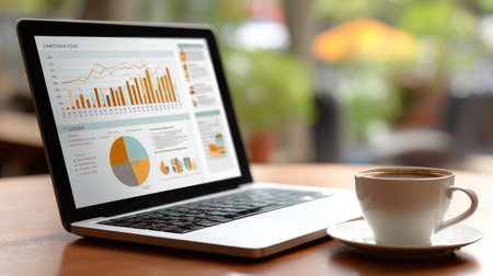 A stylish laptop displaying colorful data charts sits on a wooden table beside a steaming cup of coffee in a bright cafe. The scene exudes productivity and modern workspace vibes.の素材