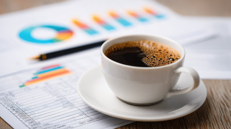 A warm cup of black coffee sits on a wooden table, surrounded by business documents, charts, and graphs. Perfect for inspiration and productivity.の素材