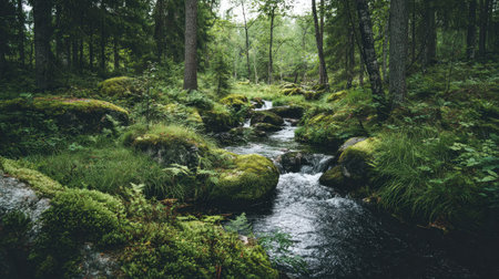 A serene forest scene featuring a gentle stream flowing through moss-covered rocks amid lush greenery, capturing the essence of nature's tranquility.の素材