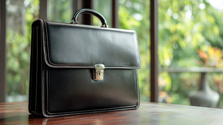 A sophisticated black leather briefcase rests elegantly on a wooden table, surrounded by lush greenery. This image captures a stylish accessory ideal for business professionals.の素材